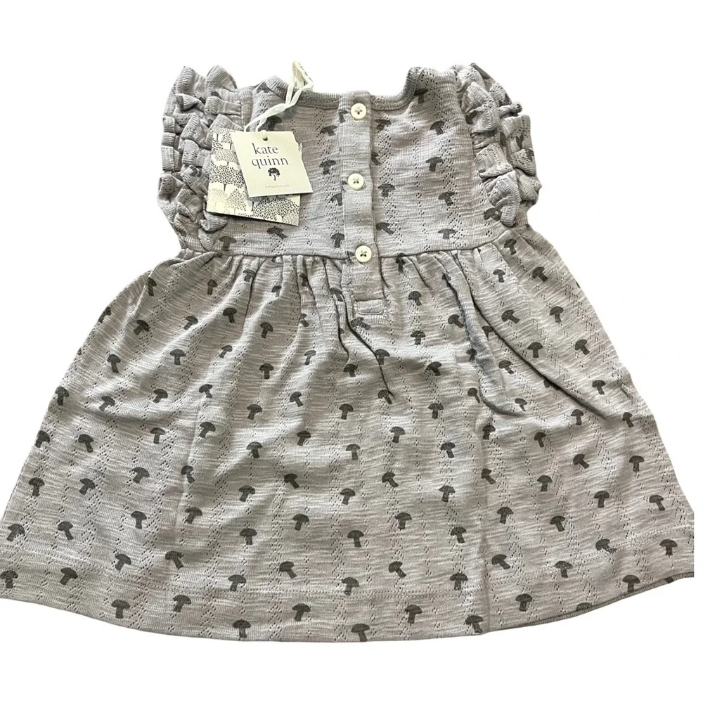Kate Quinn‎ Mushroom Pointelle Dress Baby 6-12M Grey Cottagecore Ruffle Flutter